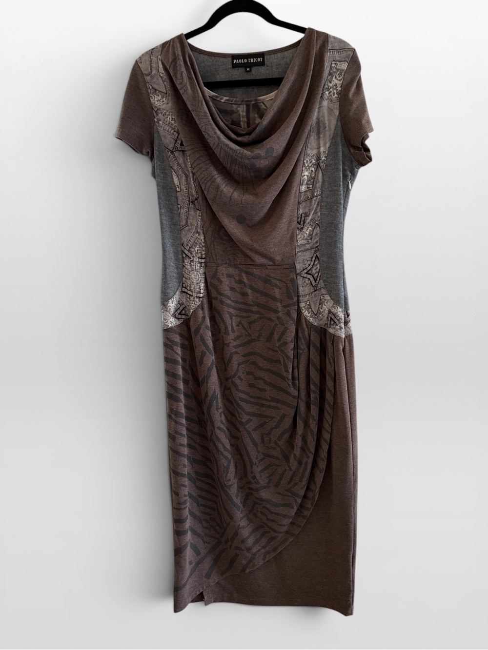 Paolo Tricot Brown & Gray Printed Cowl Neck Dress. Size Medium